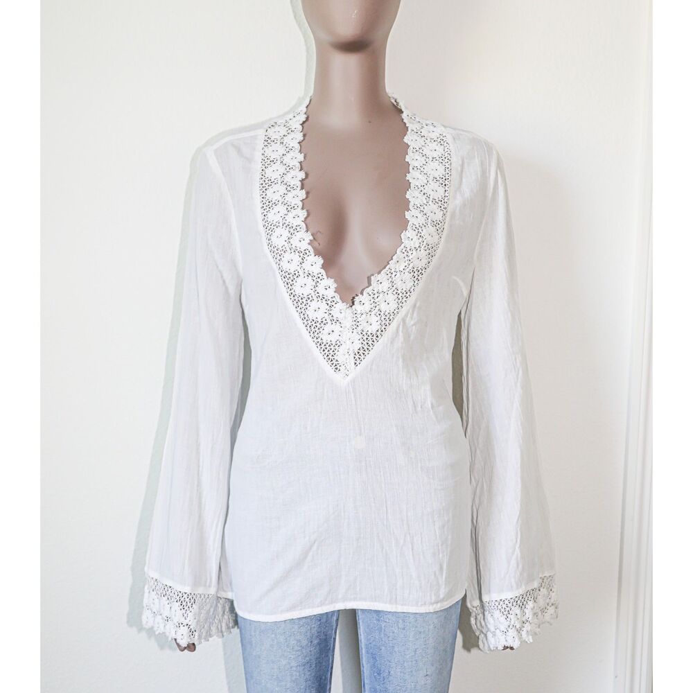 Vintage Guess Boho White Cotton V Neck Lace Bikini Cover Up‎ Blouse Size Small